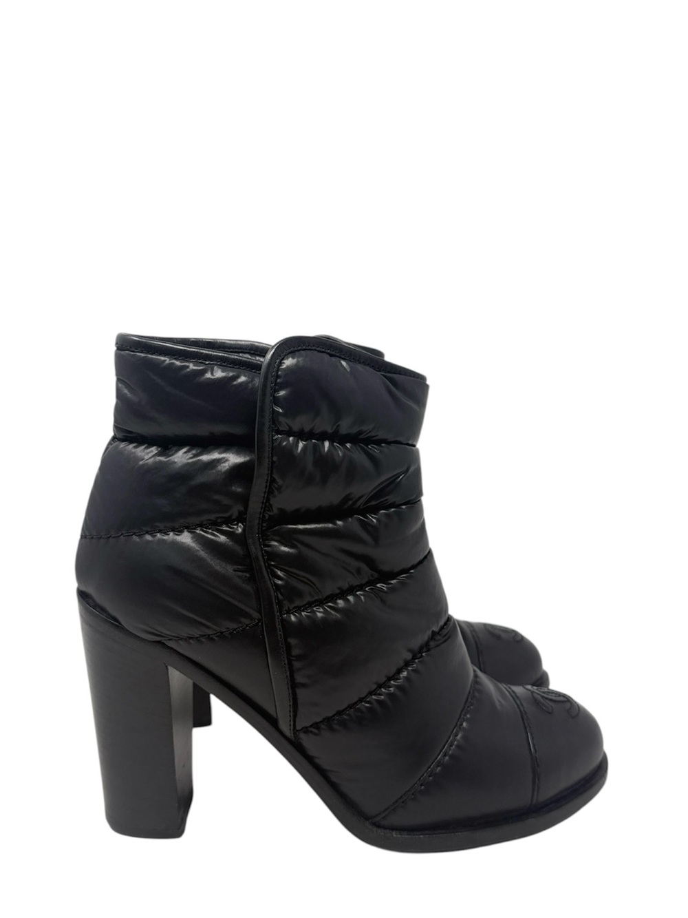 Chanel CC Black Quilted Cap Toe Nylon Puffer Boots Ankle Booties Heels Size 37.5